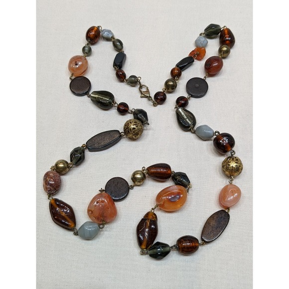 Jewelry - Beggars Beads Necklace Agate Stone Glass Wood Tone Boho Gold Tone ~32"